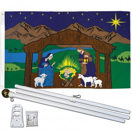 Nativity Scene Christmas 3' x 5' Polyester Flag, Pole and Mount
