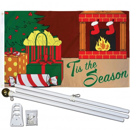 Tis The Season Fireplace Christmas 3' x 5' Polyester Flag, Pole and Mount