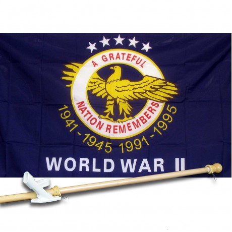 WW II A GREATFUL NATION 3' x 5'  Flag, Pole And Mount.