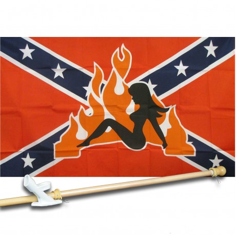 REBEL LADY  FLAME 3' x 5'  Flag, Pole And Mount.