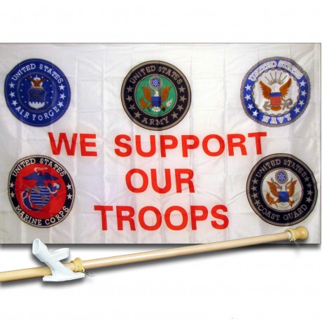 WE SUPPORT OUR TROOPS 3' x 5'  Flag, Pole And Mount.