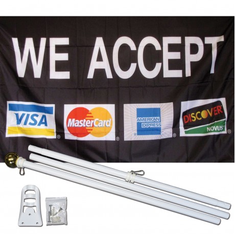 We Accept VISA Mastercard AMX Discover Black 3' x 5' Polyester Flag, Pole and Mount