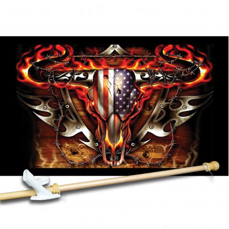 Flaming Bull Skull 3' x 5' Flag, Pole and Mount