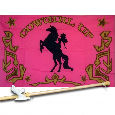 COWGIRL UP 3' x 5'  Flag, Pole And Mount.