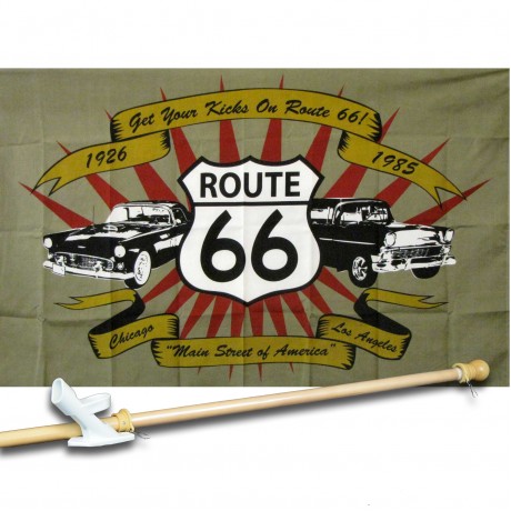 ROUTE 66 3' x 5'  Flag, Pole And Mount.