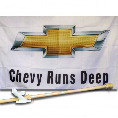 CHEVY RUNS DEEP  2 1/2' X 3 1/2'   Flag, Pole And Mount.