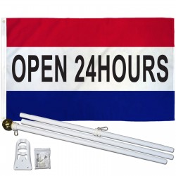 Open 24 Hours Patriotic 3' x 5' Polyester Flag, Pole and Mount