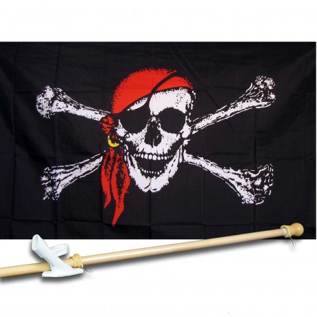 PIRATE RED BANDANNA 3' x 5'  Flag, Pole And Mount.
