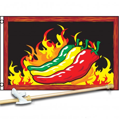 CHILIES WITH  FLAMES 3' x 5'  Flag, Pole And Mount.