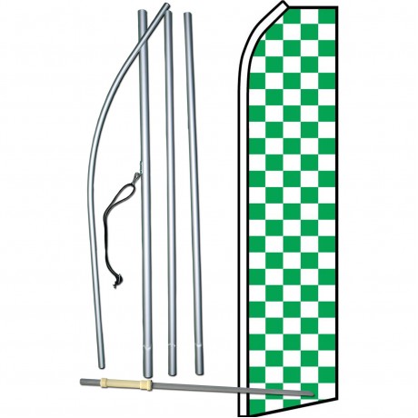 Green & White Checkered Extra Wide Windless Swooper Flag Bundle 
