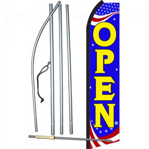 4 four NOW OPEN PATRIOTIC 15' x 3' WINDLESS SWOOPER FLAGS KIT 